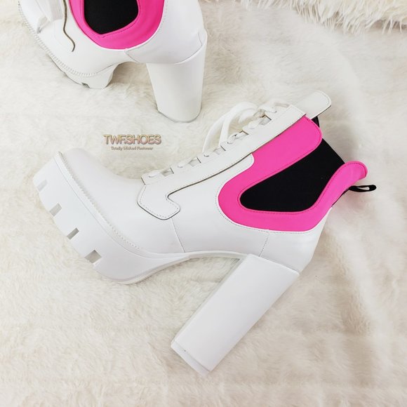 4" Heel Chunky Platform Ankle Boots White Pink - Picture 2 of 9